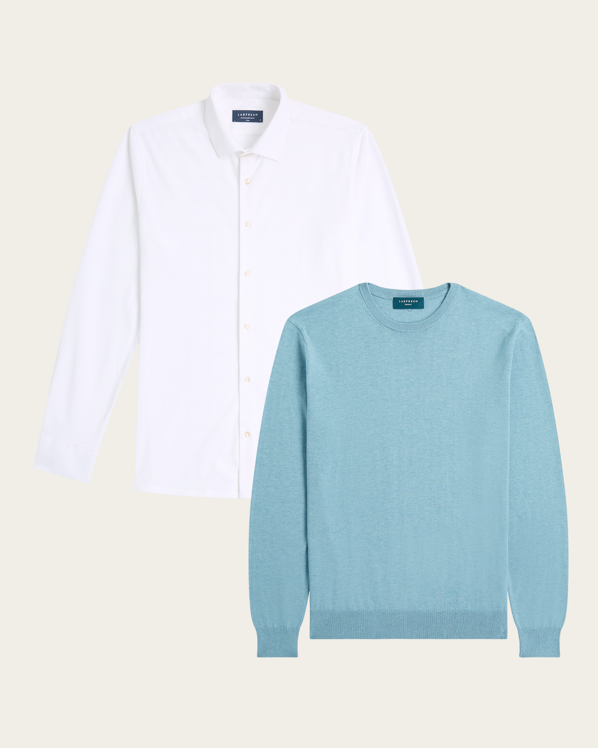 Seawool sweater & Knitted non-iron shirt bundle | White & Light blue