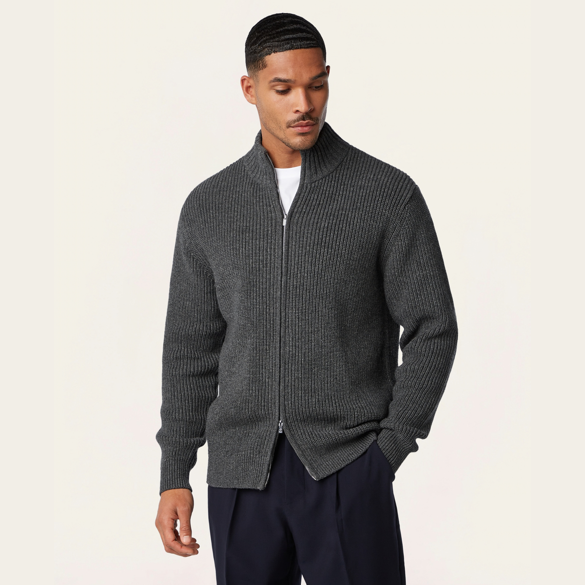 Heavy Seawool Full Zip Cardigan Dark Grey