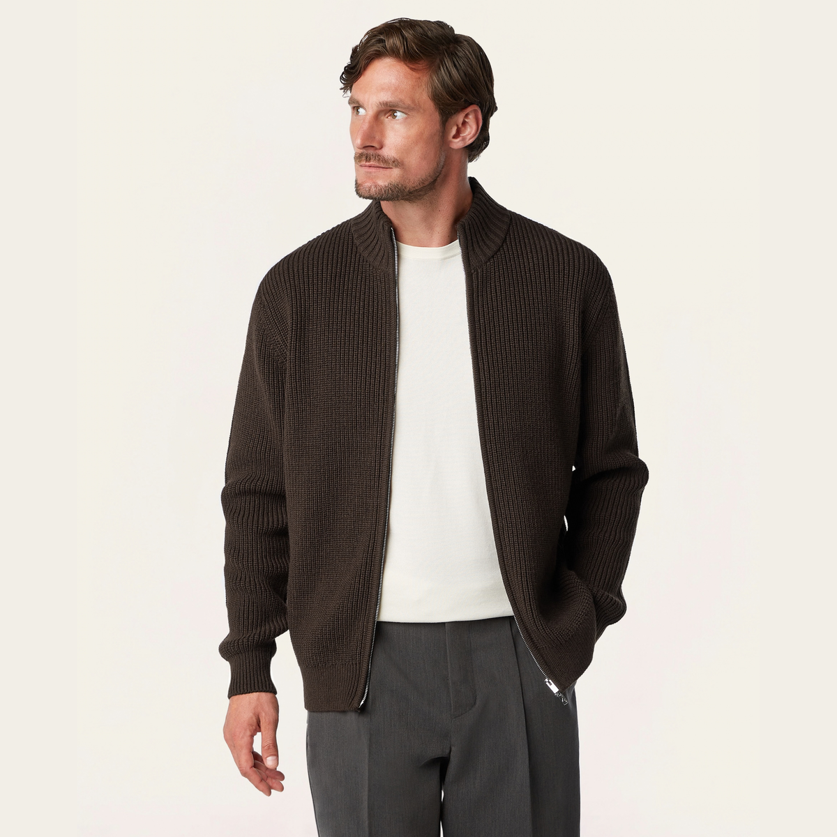 Heavy Seawool Full Zip Cardigan Dark Brown