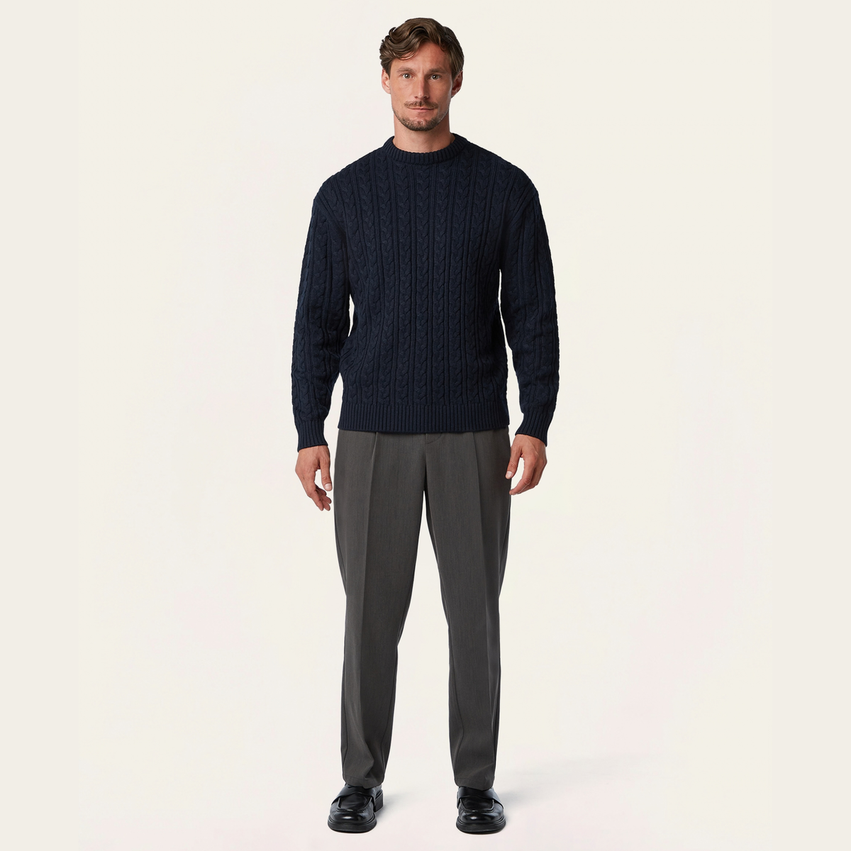 Heavy Seawool Cable Crewneck Navy
